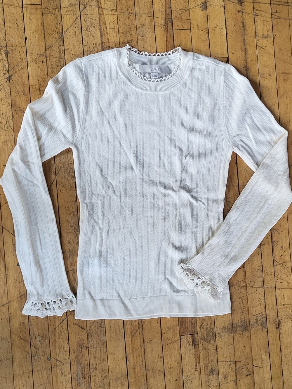 LOFT Women's Cream Ribbed Lace-Trim Long Sleeve Tee Pointelle Sweater NWOT Sz S